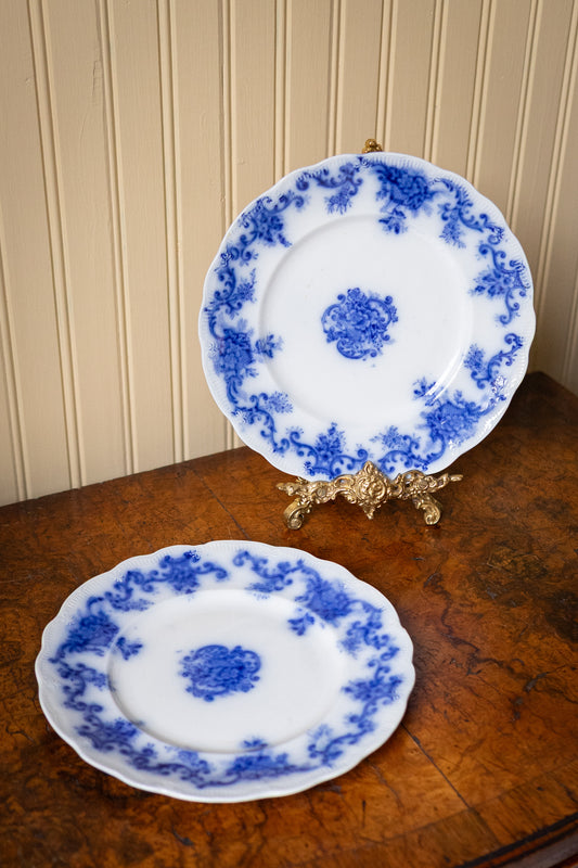 Pair of antique flow blue dessert plates