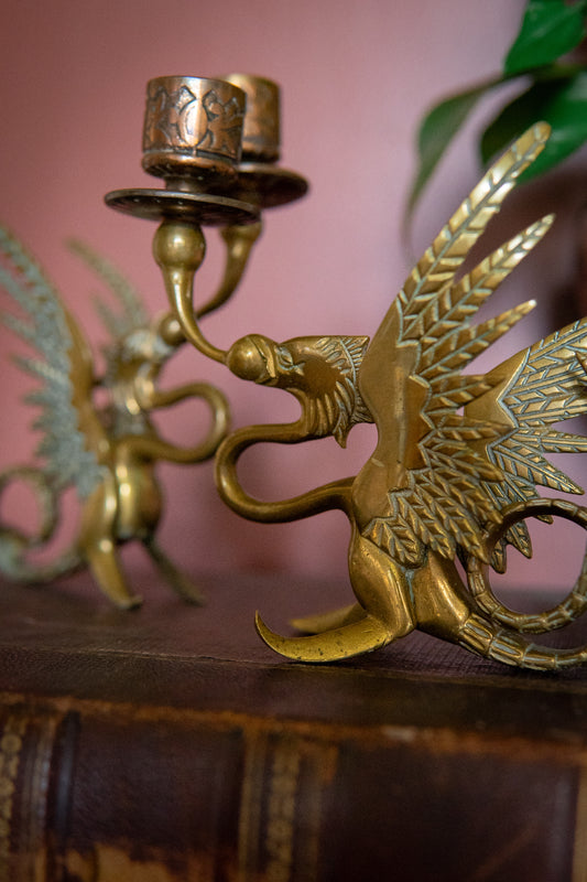 Vintage Brass Griffin Candlestick Holders