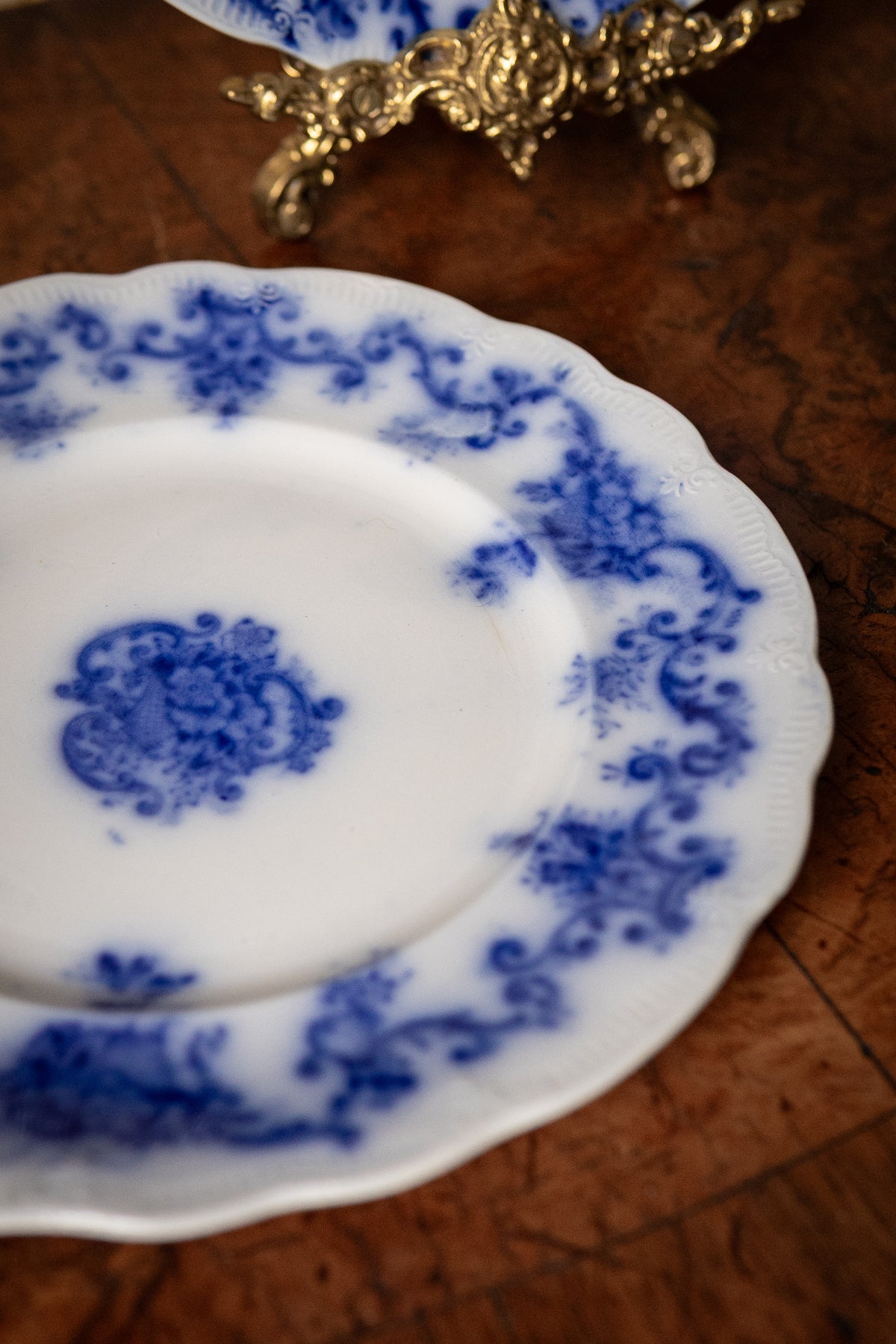 Pair of antique flow blue dessert plates
