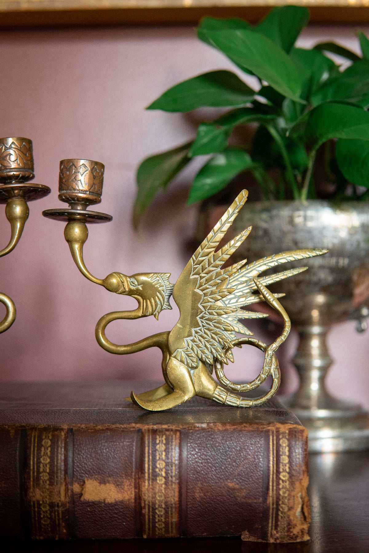 Vintage Brass Griffin Candlestick Holders