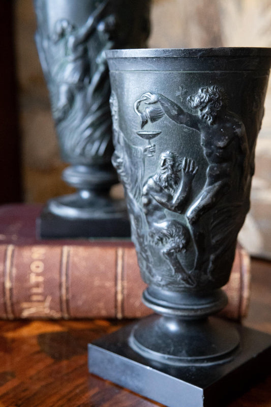 Pair of Bronze & Marble Neoclassical Vases. Mythological Devil Scene Urns