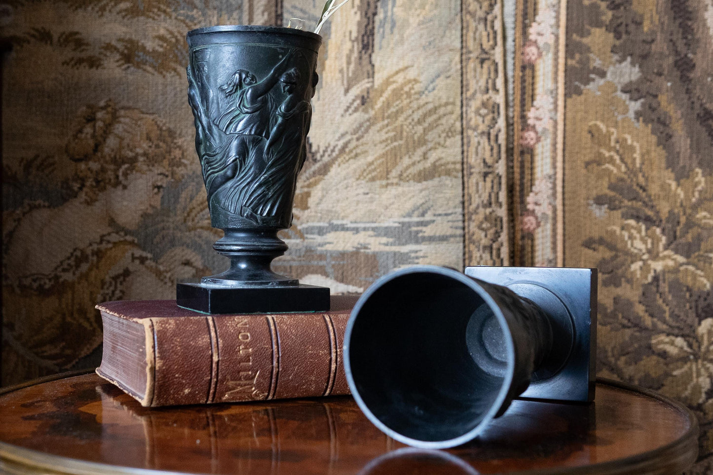 Pair of Bronze & Marble Neoclassical Vases. Mythological Devil Scene Urns