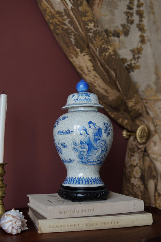 Maitland-Smith Vintage blue and white temple jar with stand