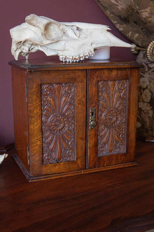 Antique Victorian Carved Smoker’s Cabinet. 19th Century Gentleman’s Cigar Box