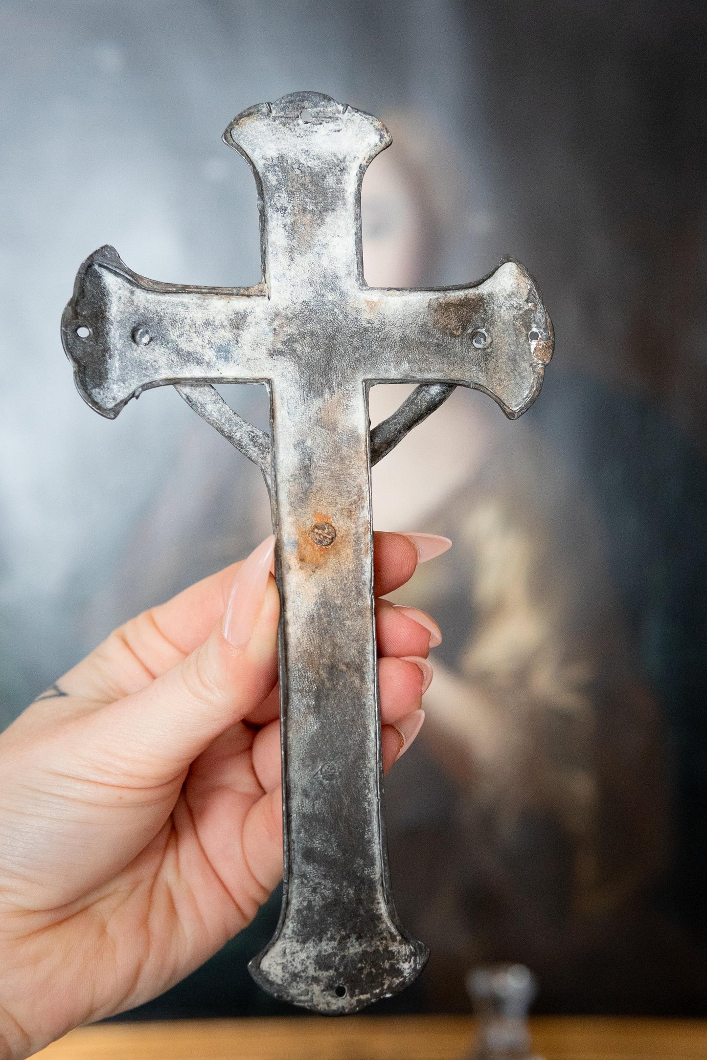 Antique Crucifix INRI 1800s. Victorian Coffin Cross, Funerary Religious Artifact.