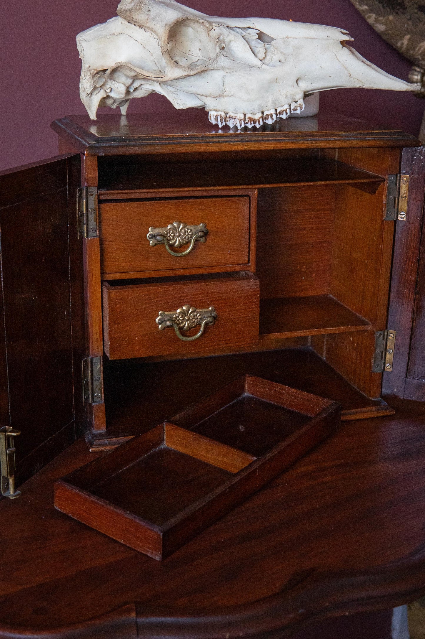 Antique Victorian Carved Smoker’s Cabinet. 19th Century Gentleman’s Cigar Box