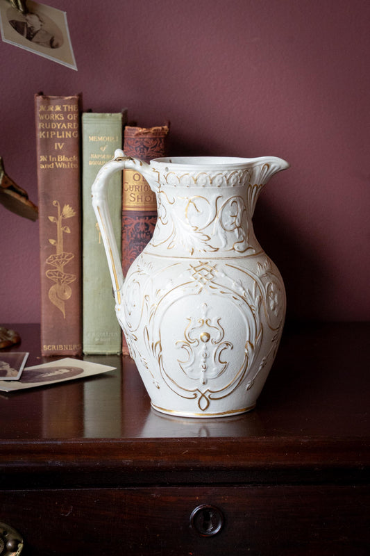 Antique English Ceramic Pitcher With Staple Repaired Handle
