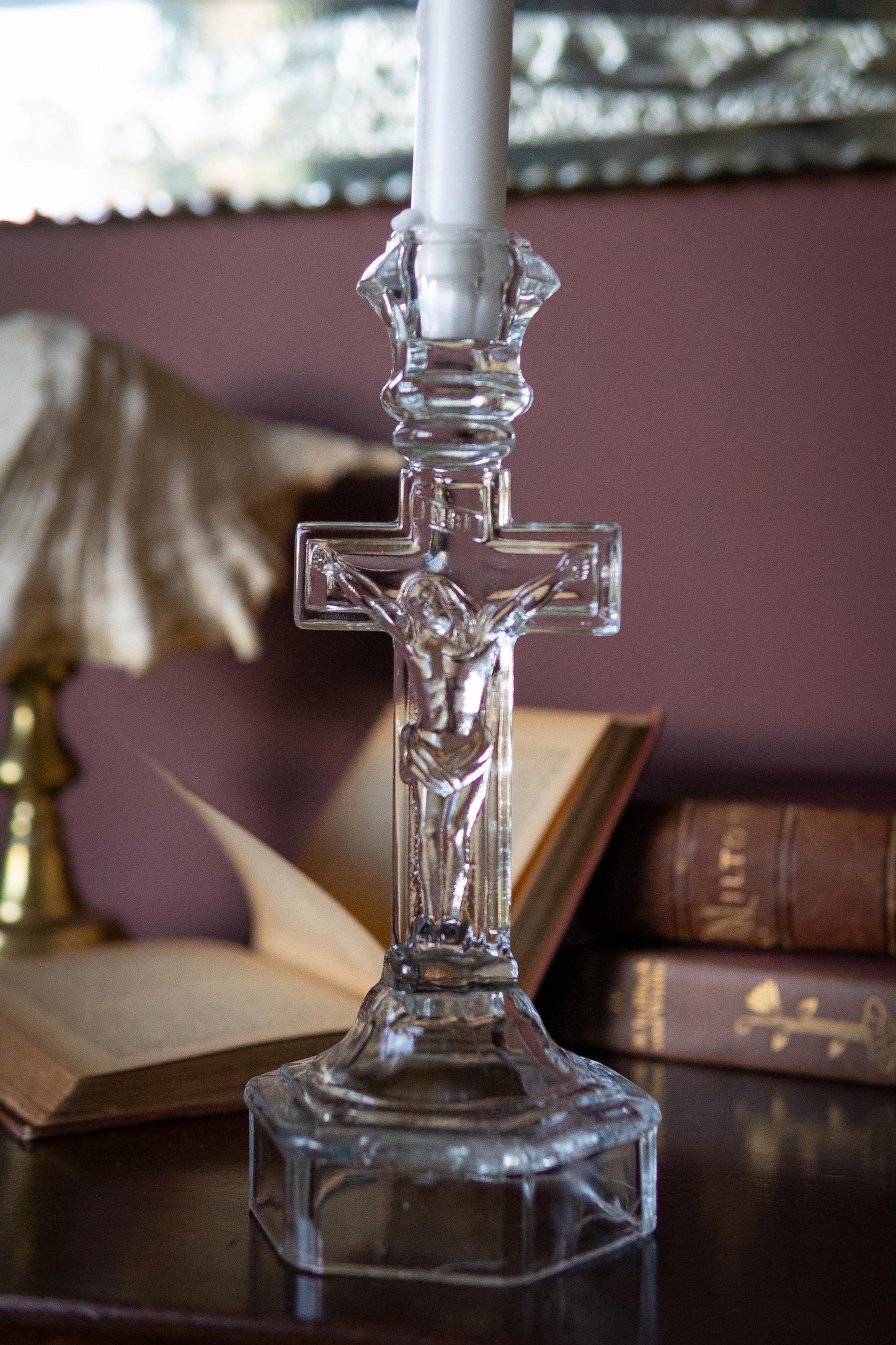 Vintage Glass Crucifix Candlestick