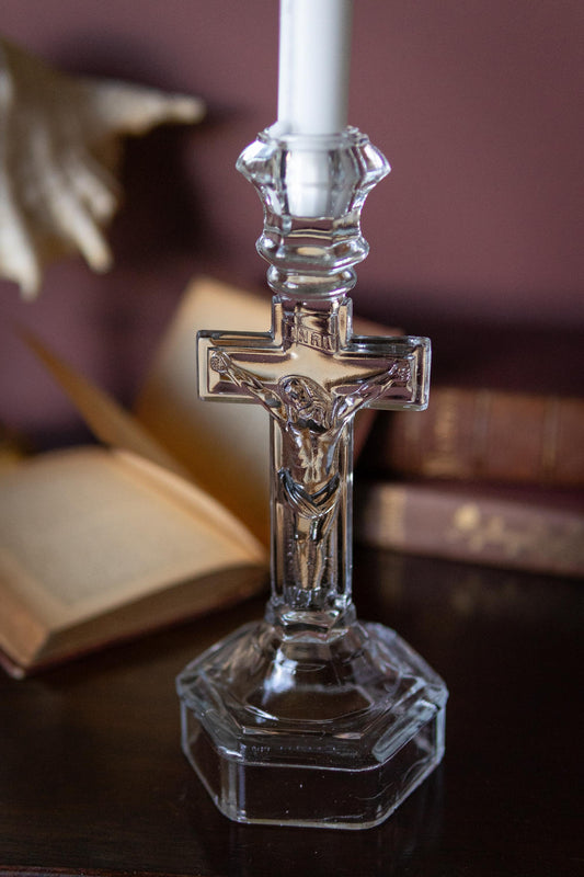 Vintage Glass Crucifix Candlestick