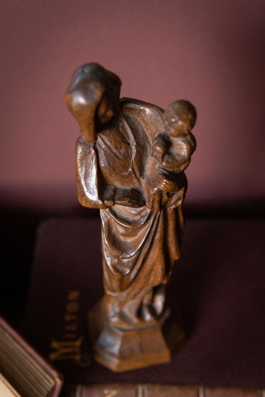 Folk art Antique Madonna & Child Carved Wood Statue