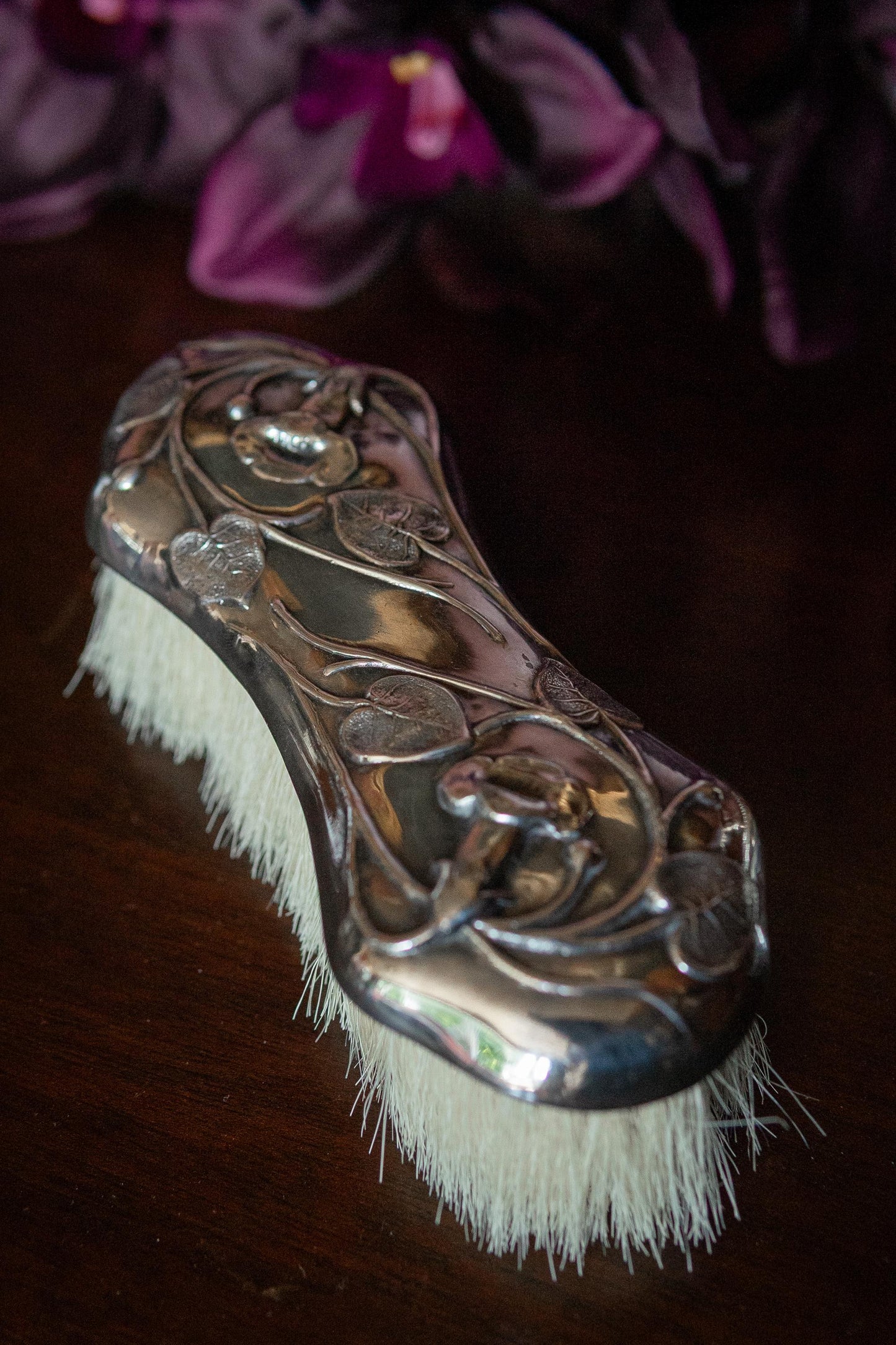 Antique art nouveau silver plate clothing brush