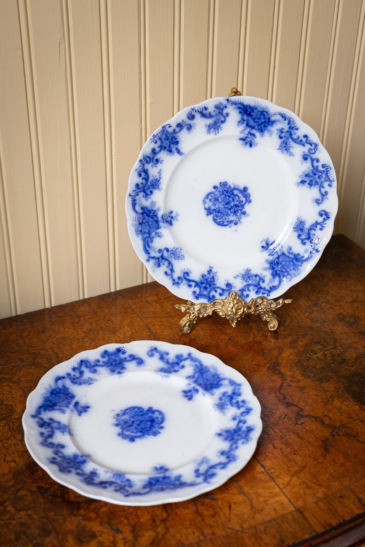 Pair of antique flow blue dessert plates