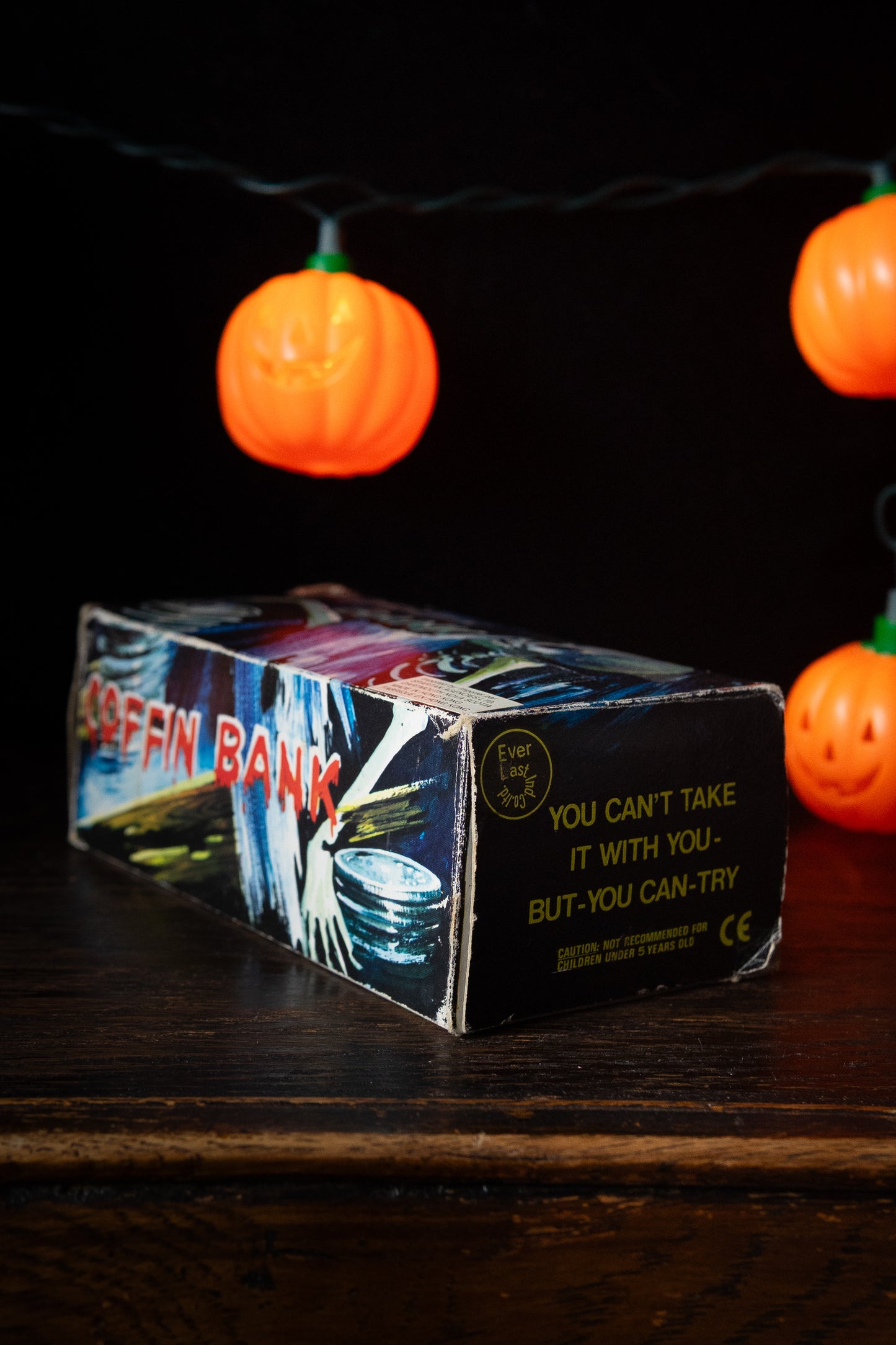 vintage coffin bank with skull in original box Halloween novelty