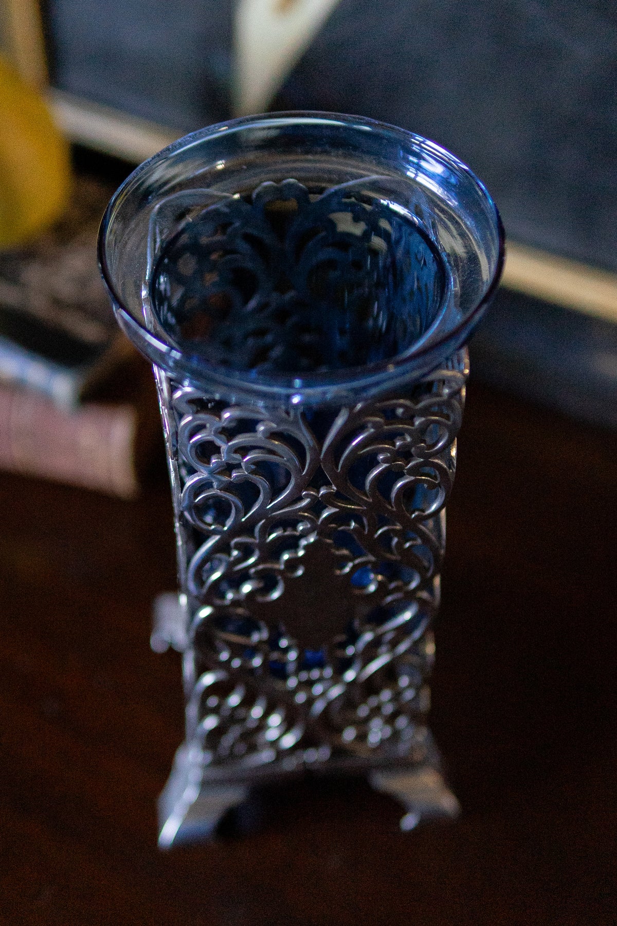 Antique art nouveau vase with blue glass inlay