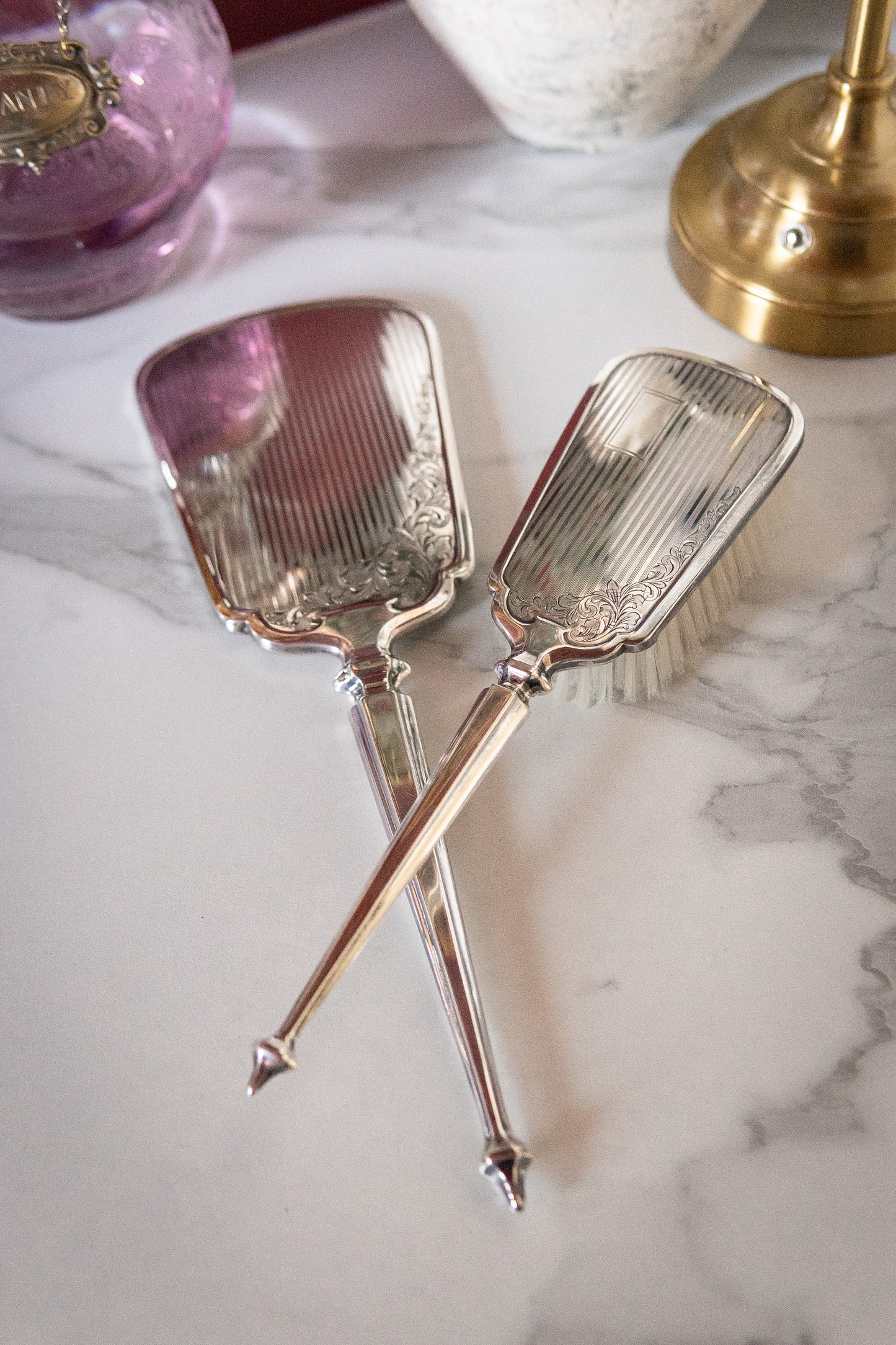 Vintage Sterling Silver Hair Brush & Hand Mirror Set