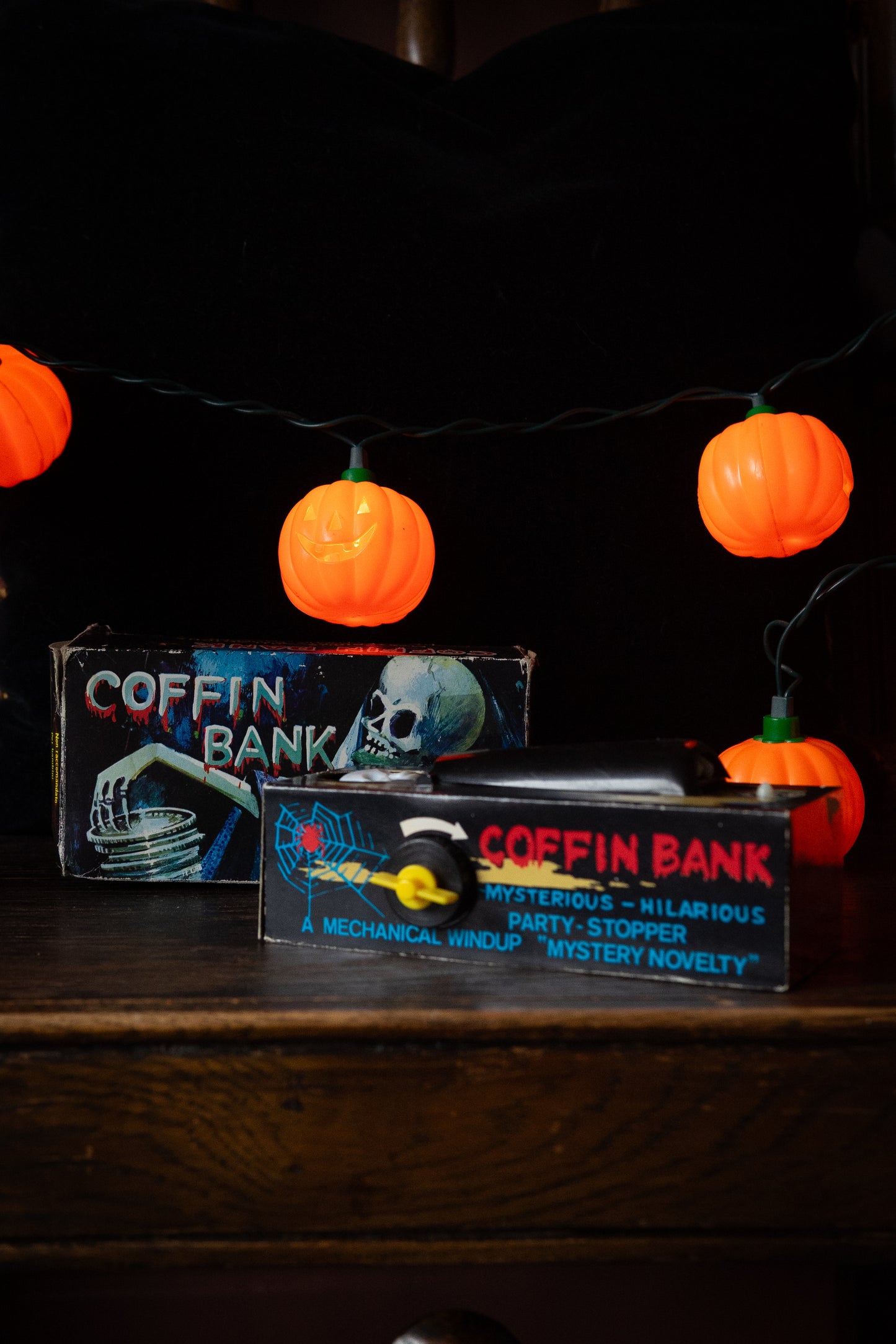 vintage coffin bank with skull in original box Halloween novelty