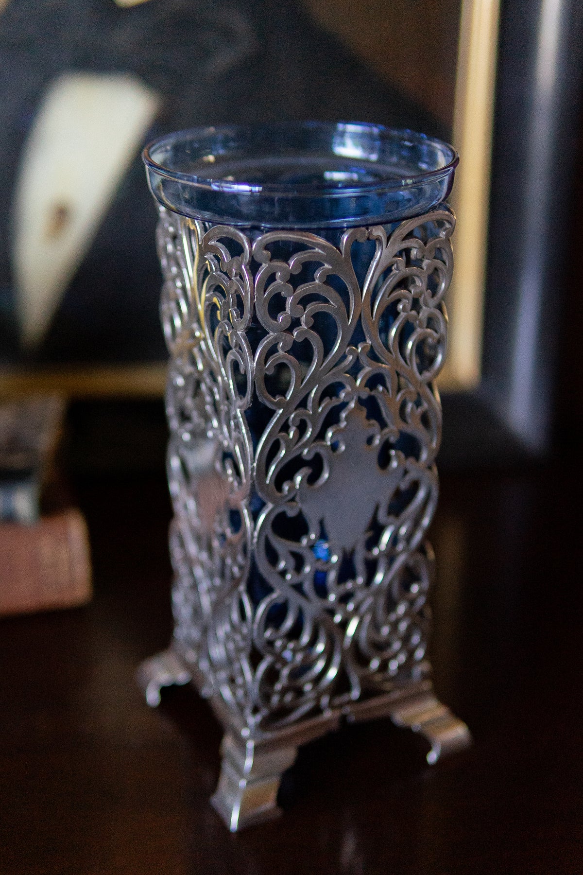 Antique art nouveau vase with blue glass inlay