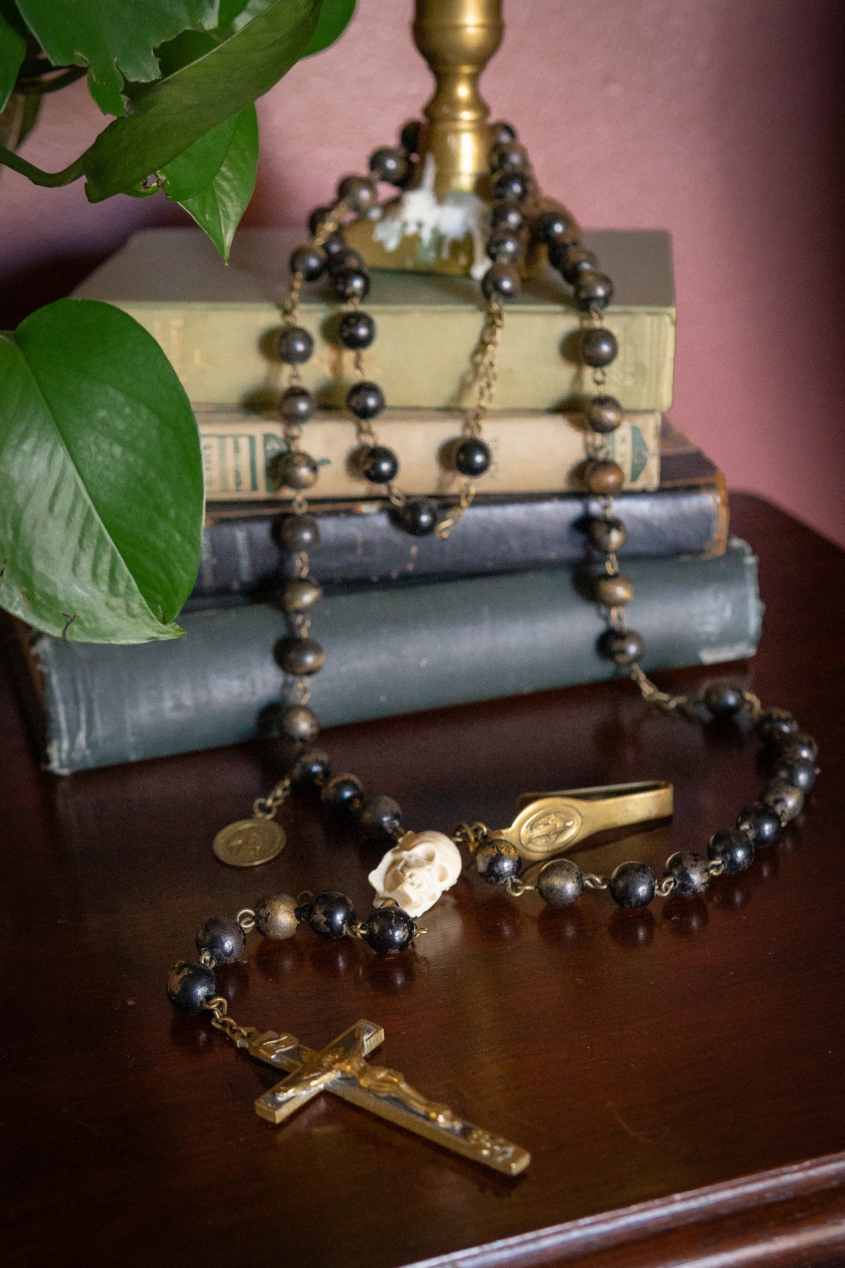 Antique memento mori black wodden beads and skull Rosary