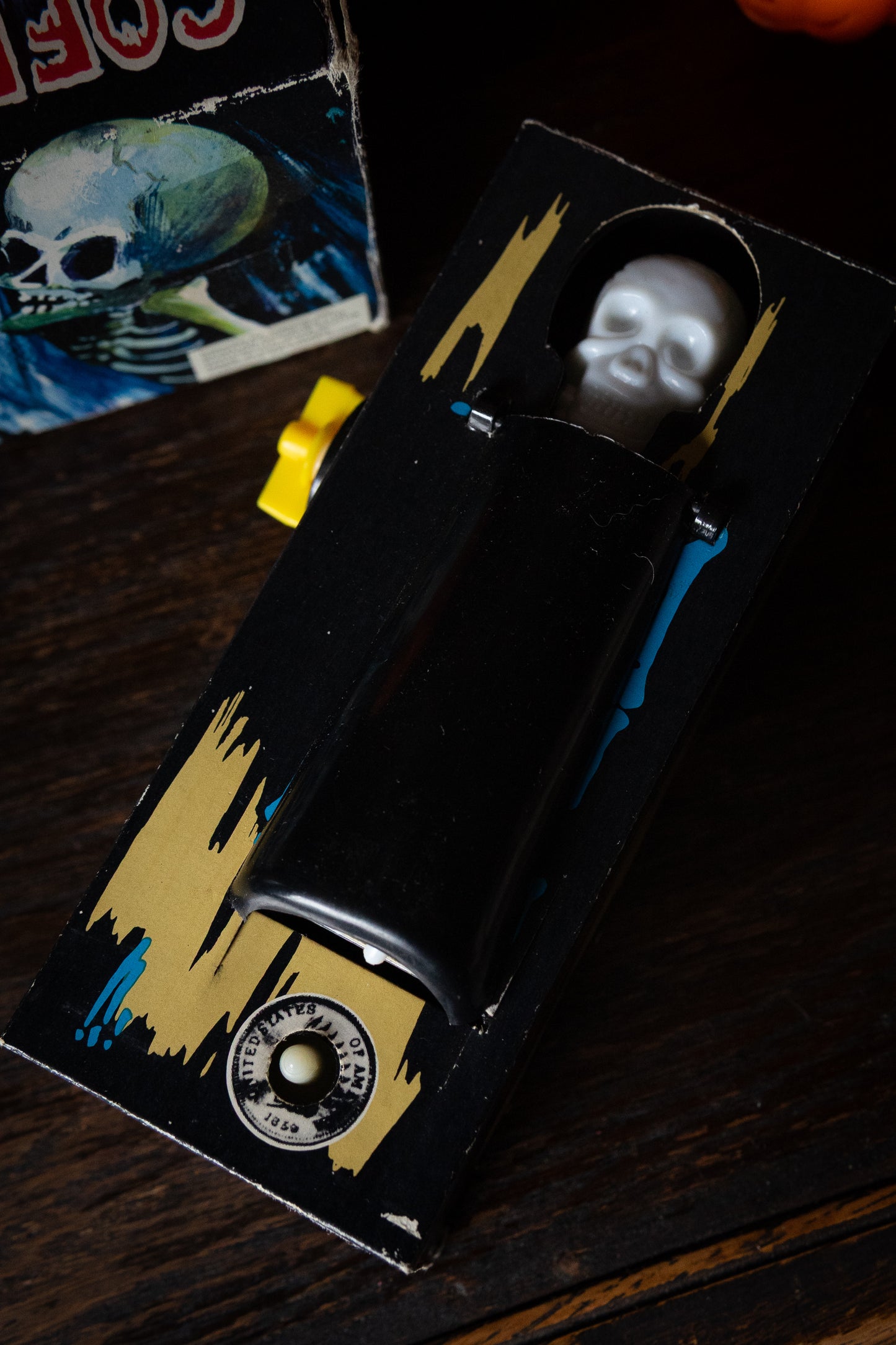vintage coffin bank with skull in original box Halloween novelty