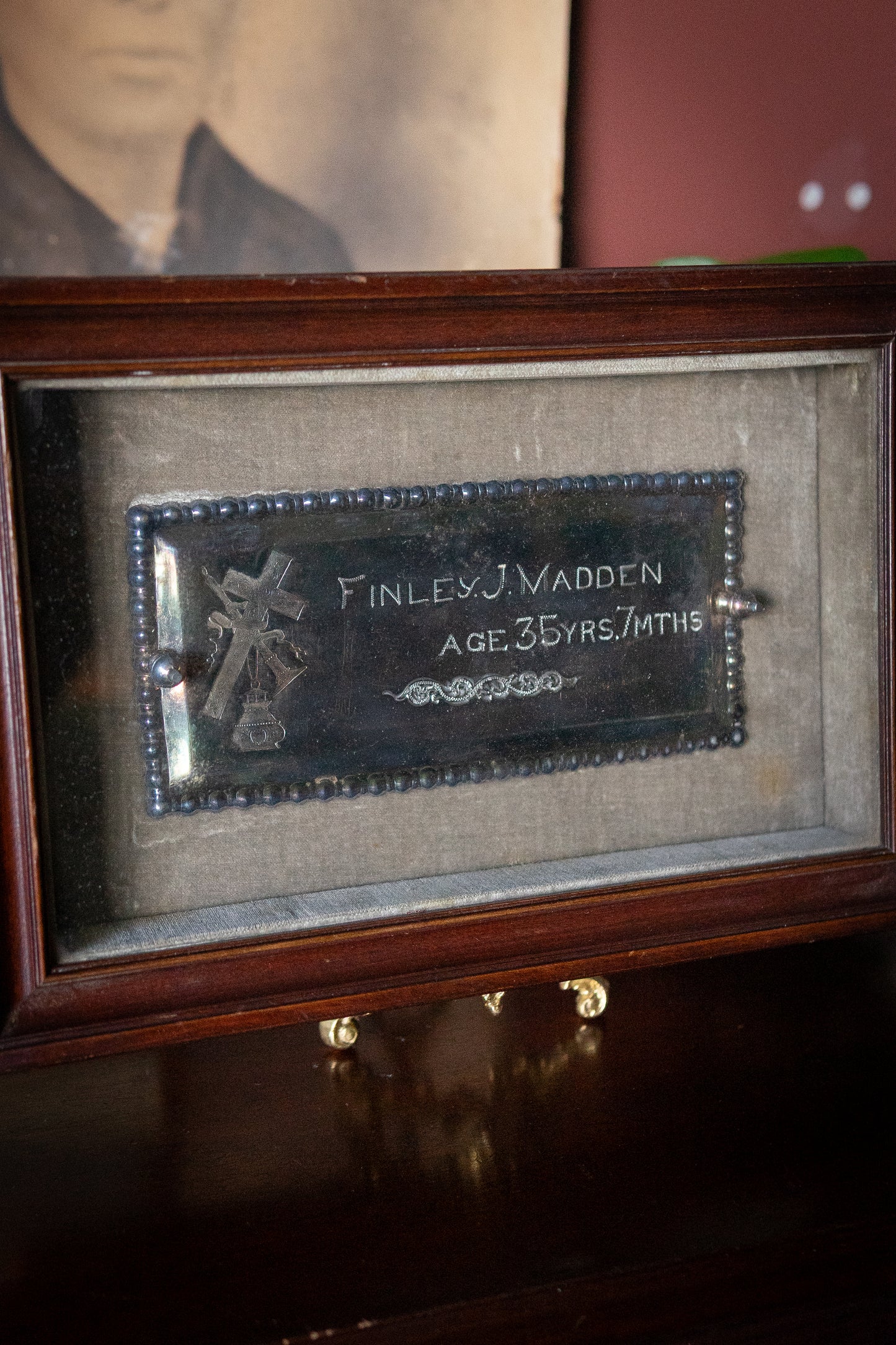 Victorian antique coffin plaque in shadow box