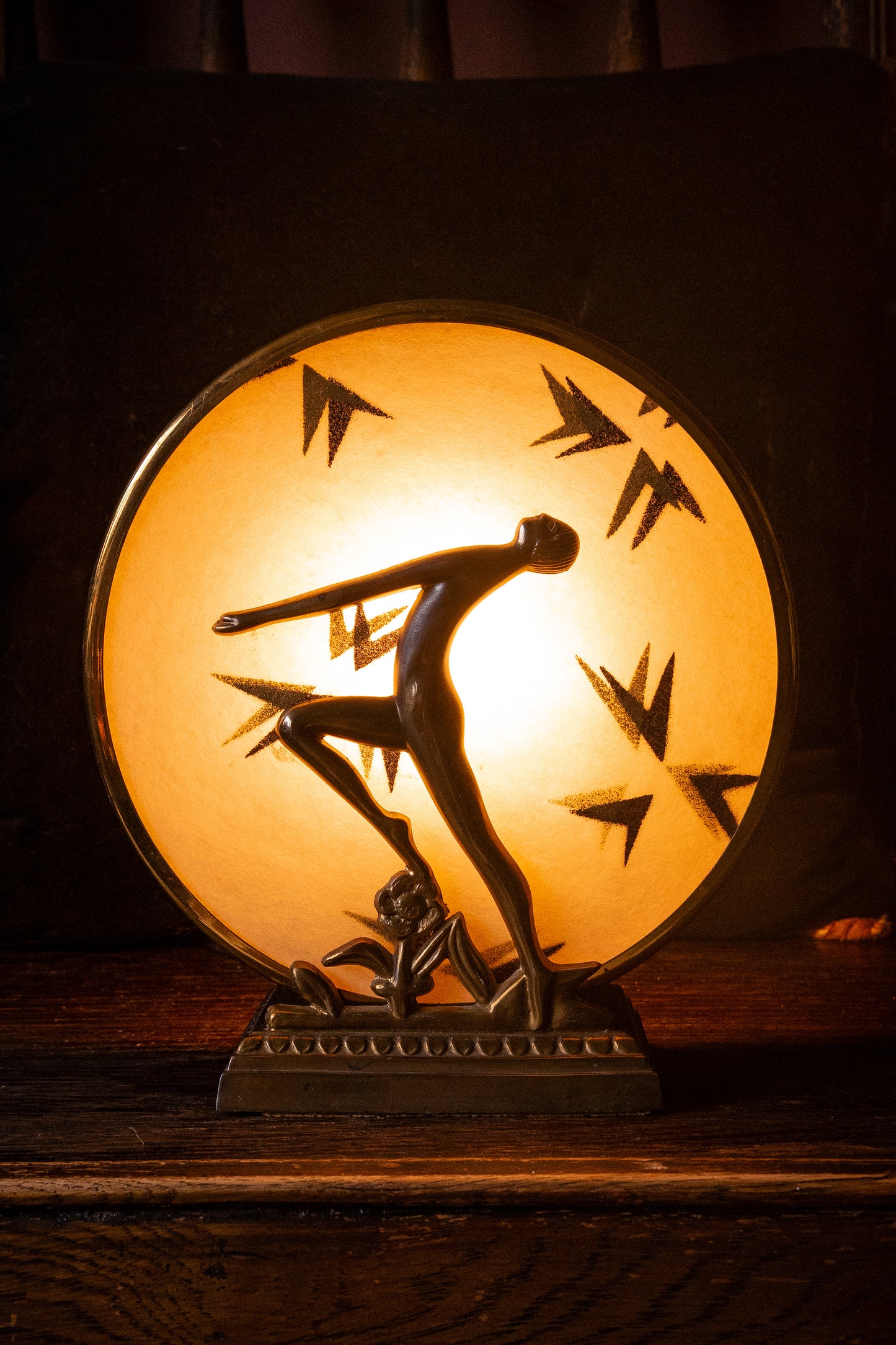 French Art Deco nude lady lamp parchment shade 1920s–1930s boudoir lighting