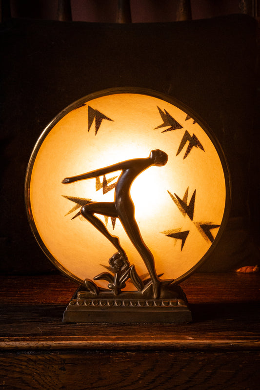French Art Deco nude lady lamp parchment shade 1920s–1930s boudoir lighting