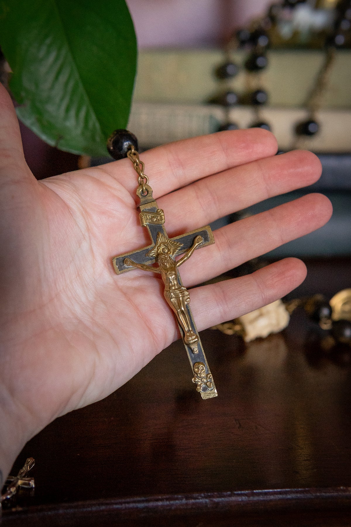 Antique memento mori black wodden beads and skull Rosary