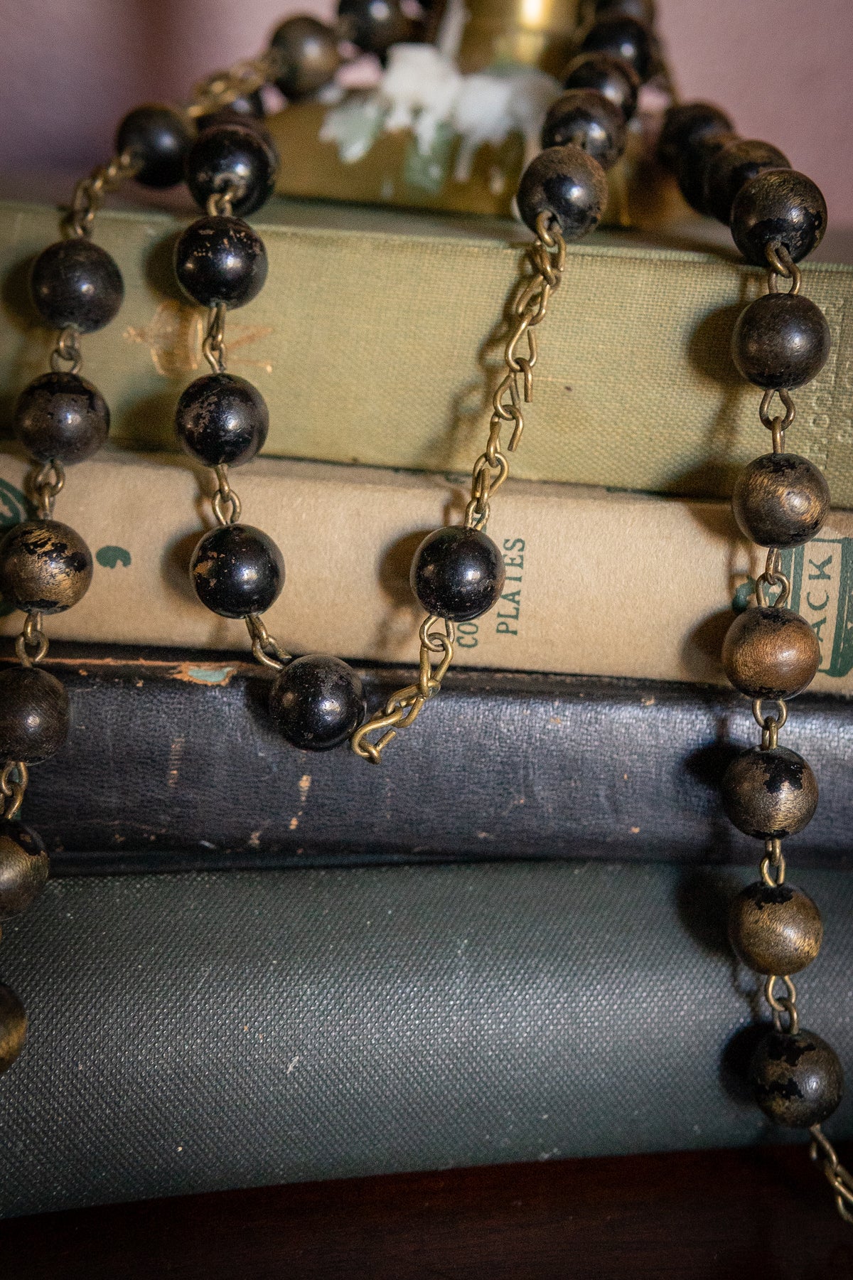 Antique memento mori black wodden beads and skull Rosary