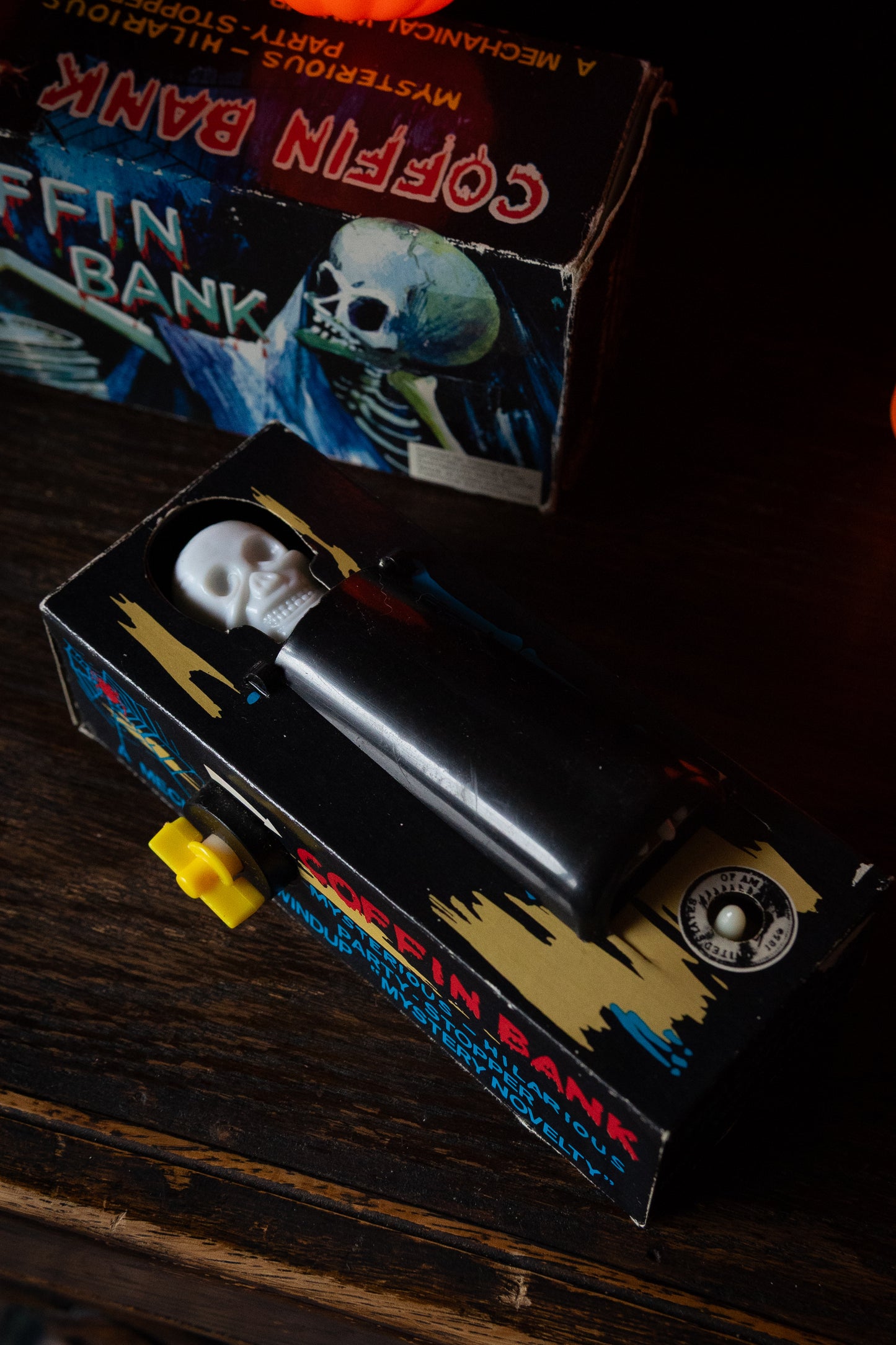 vintage coffin bank with skull in original box Halloween novelty