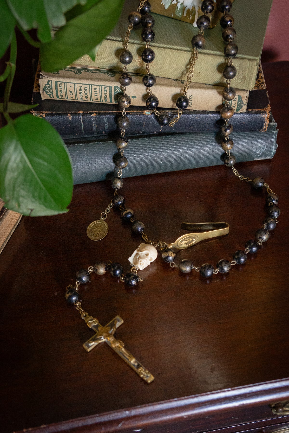 Antique memento mori black wodden beads and skull Rosary