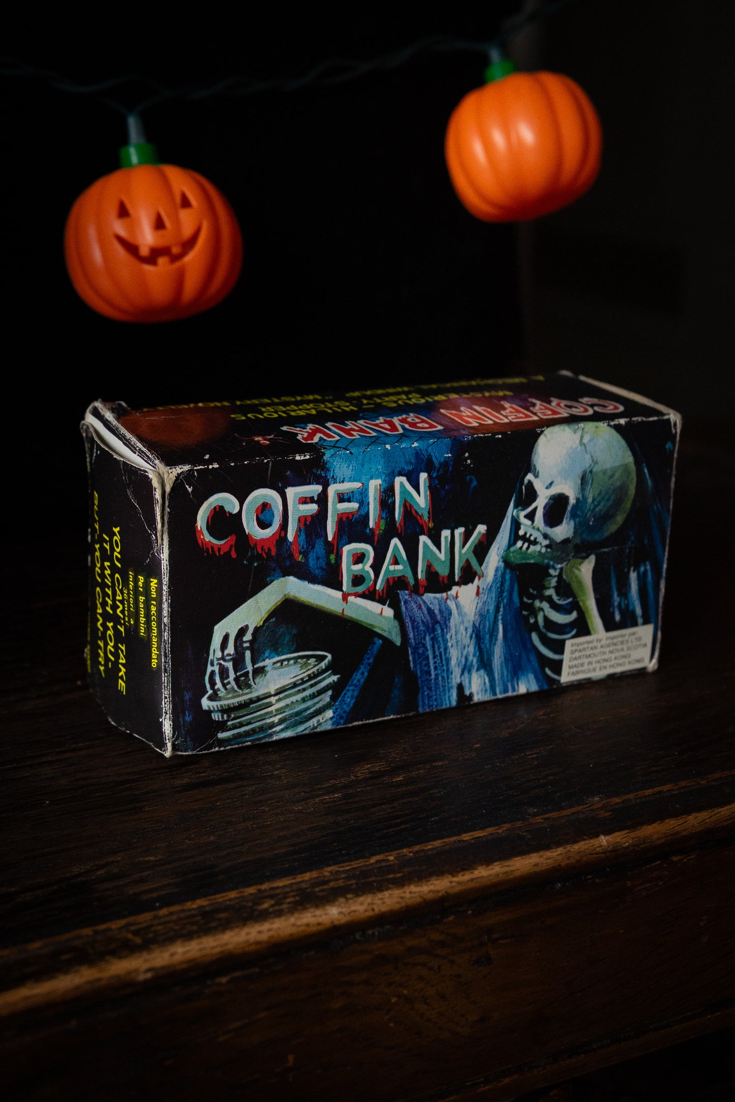 vintage coffin bank with skull in original box Halloween novelty