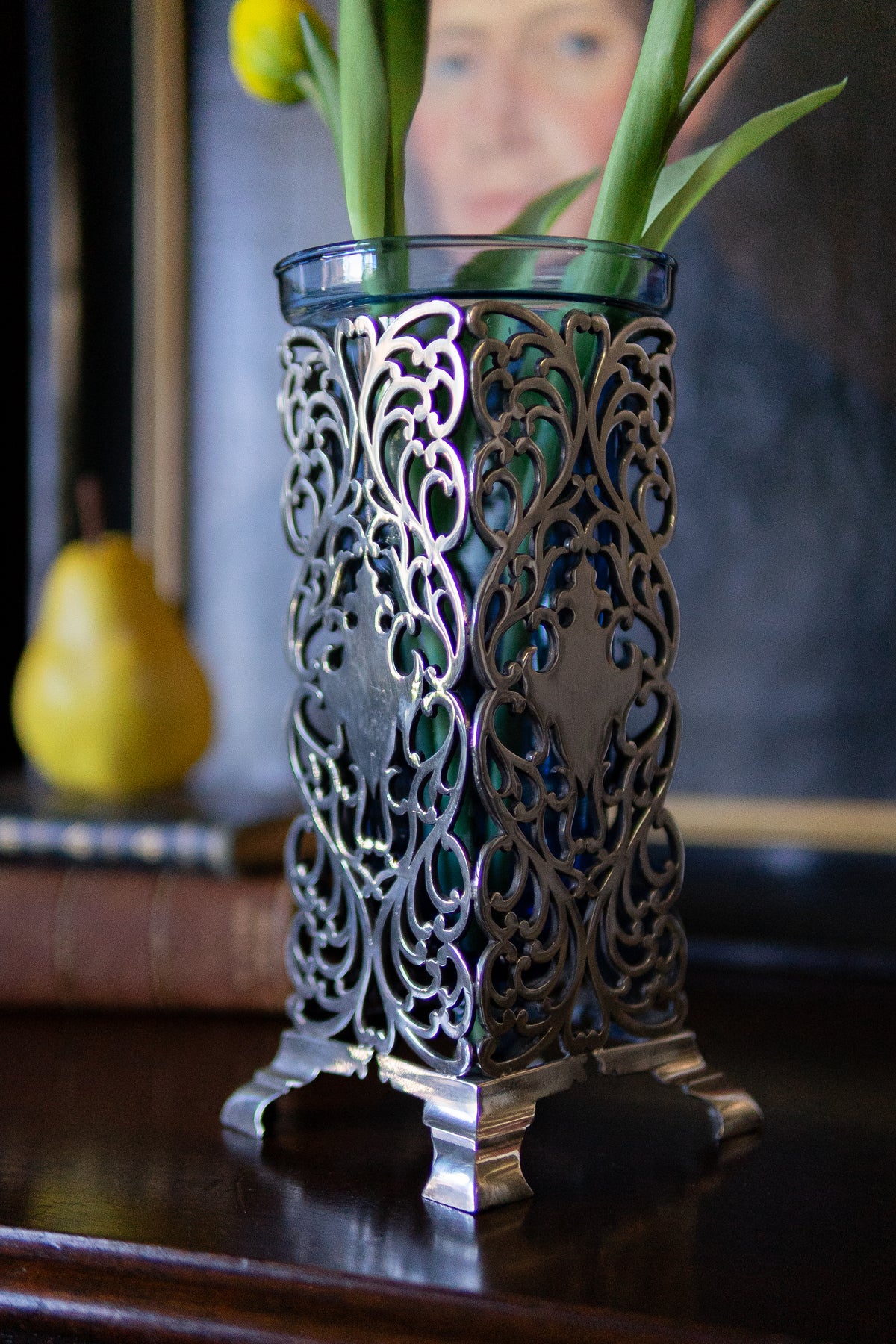 Antique art nouveau vase with blue glass inlay