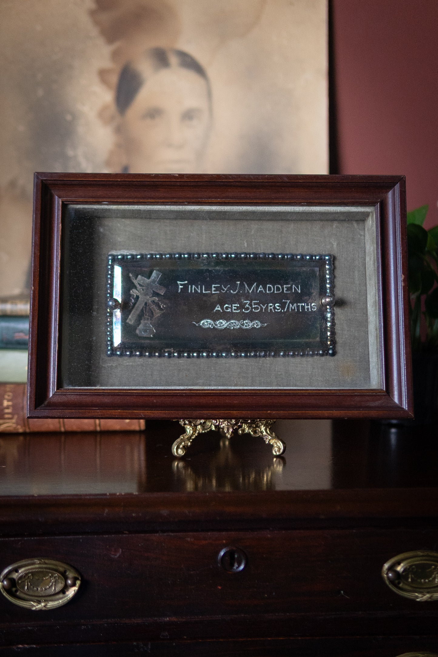 Victorian antique coffin plaque in shadow box