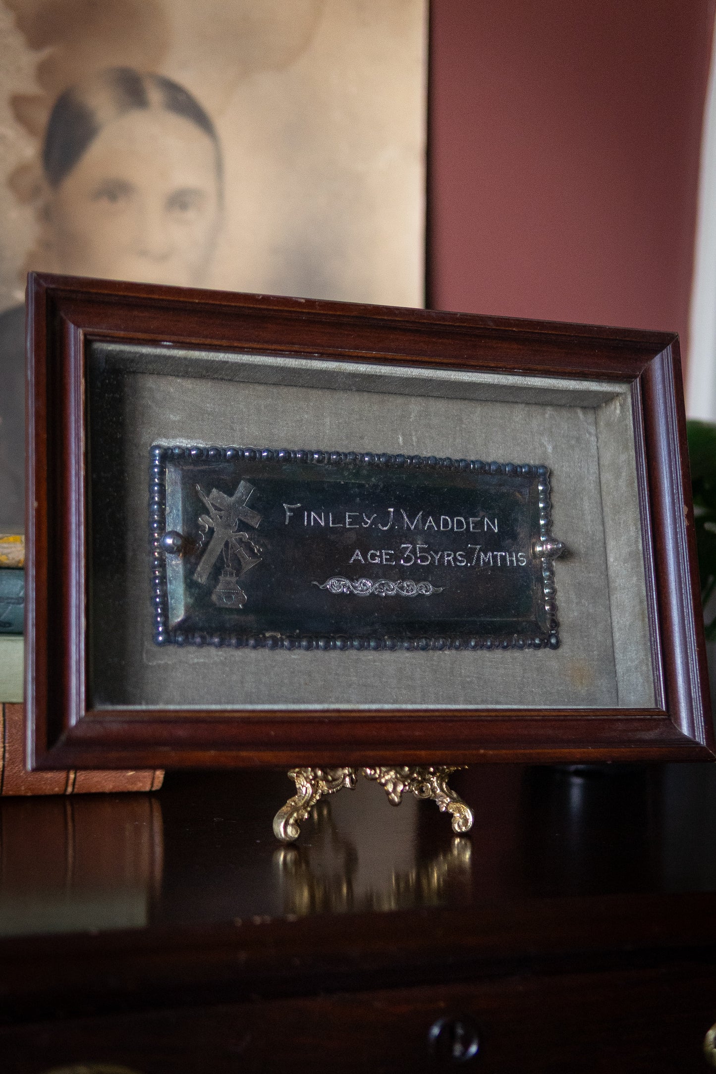 Victorian antique coffin plaque in shadow box