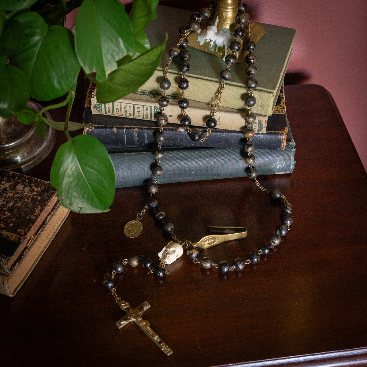 Antique memento mori black wodden beads and skull Rosary