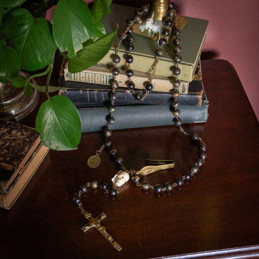 Antique memento mori black wodden beads and skull Rosary