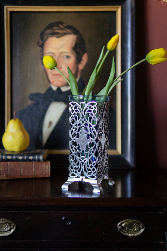 Antique art nouveau vase with blue glass inlay