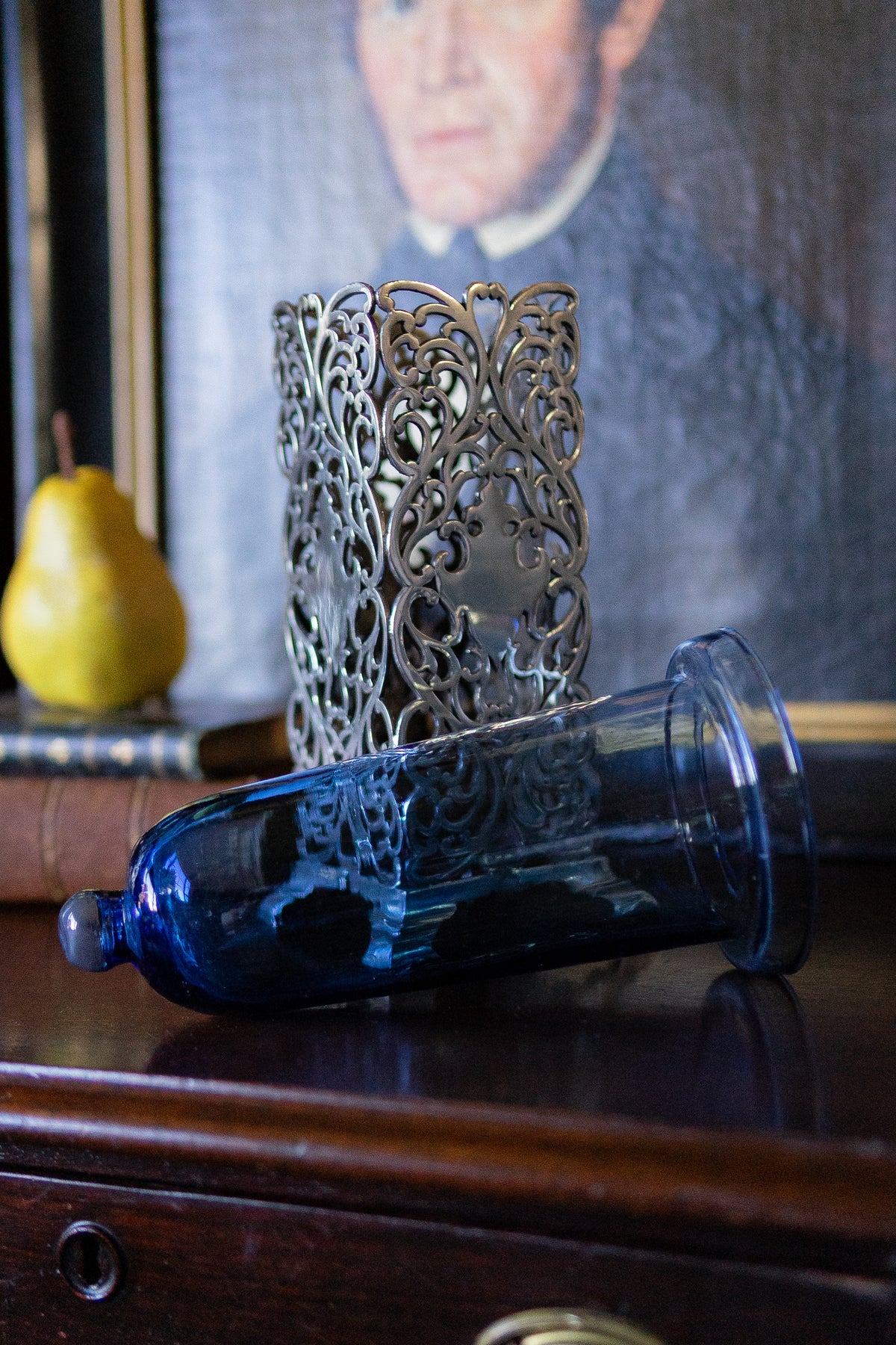 Antique art nouveau vase with blue glass inlay