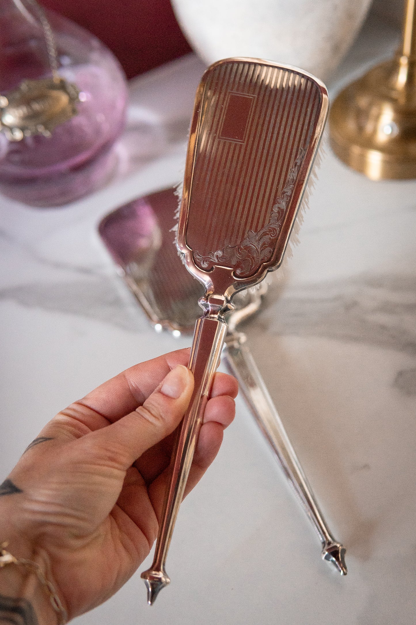 Vintage Sterling Silver Hair Brush & Hand Mirror Set