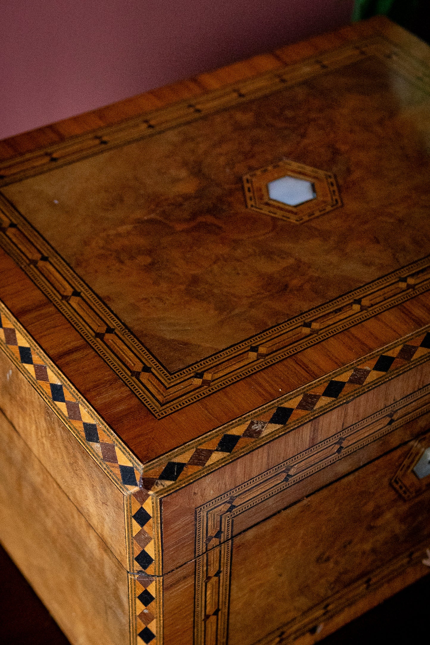 Victorian burl walnut vanity box with original containers