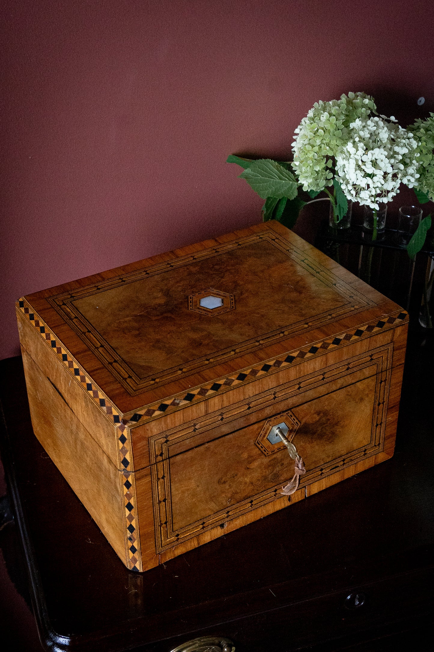 Victorian burl walnut vanity box with original containers