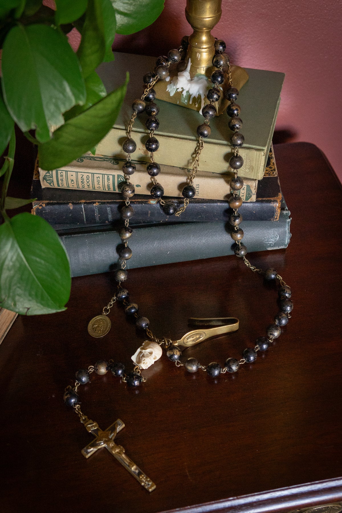 Antique memento mori black wodden beads and skull Rosary