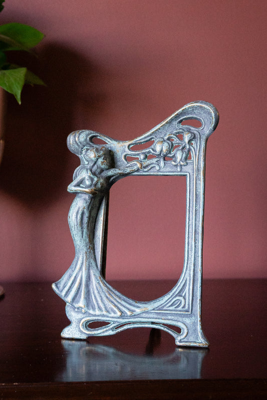 Antique art nouveau picture frame. Bronze lady & floral motif