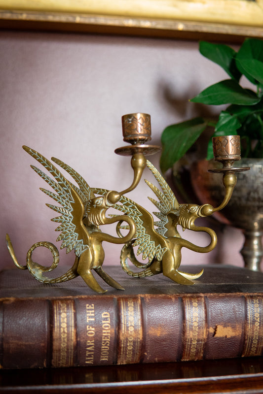Vintage Brass Griffin Candlestick Holders