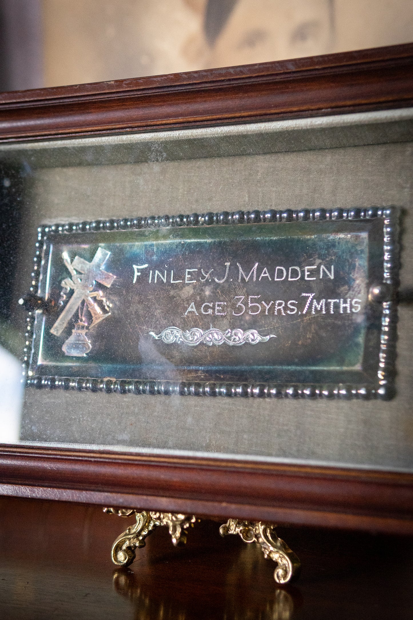 Victorian antique coffin plaque in shadow box