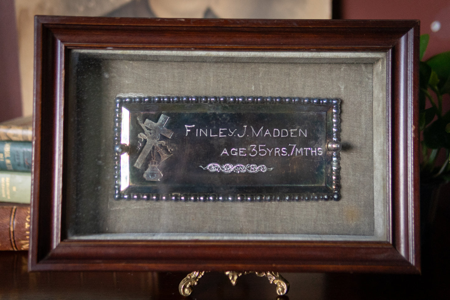 Victorian antique coffin plaque in shadow box