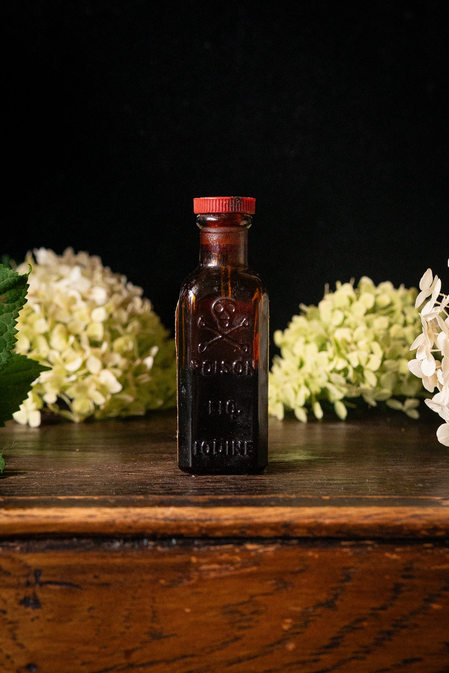 Vintage poison iodine bottle with skull and crossbones