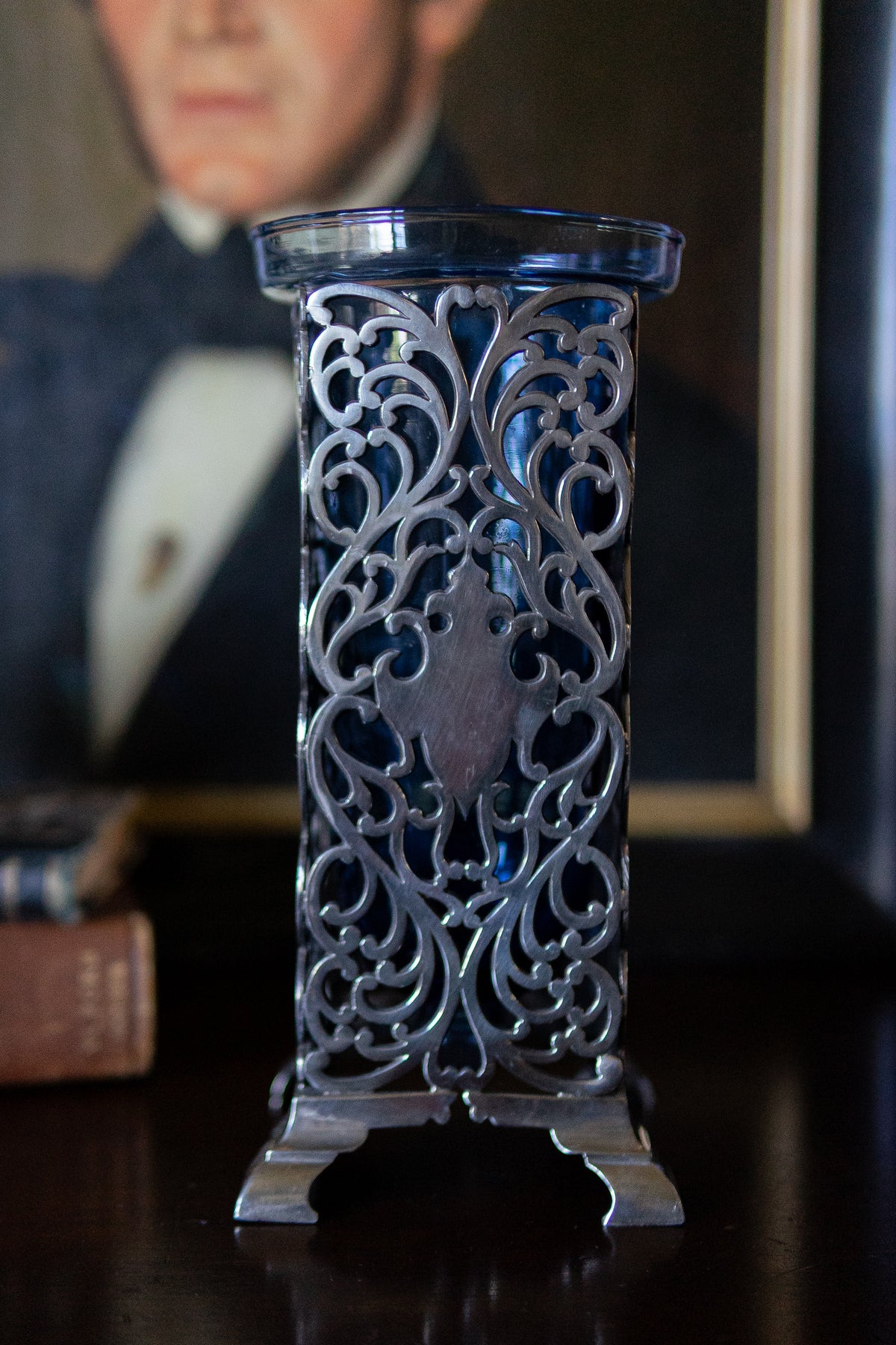 Antique art nouveau vase with blue glass inlay