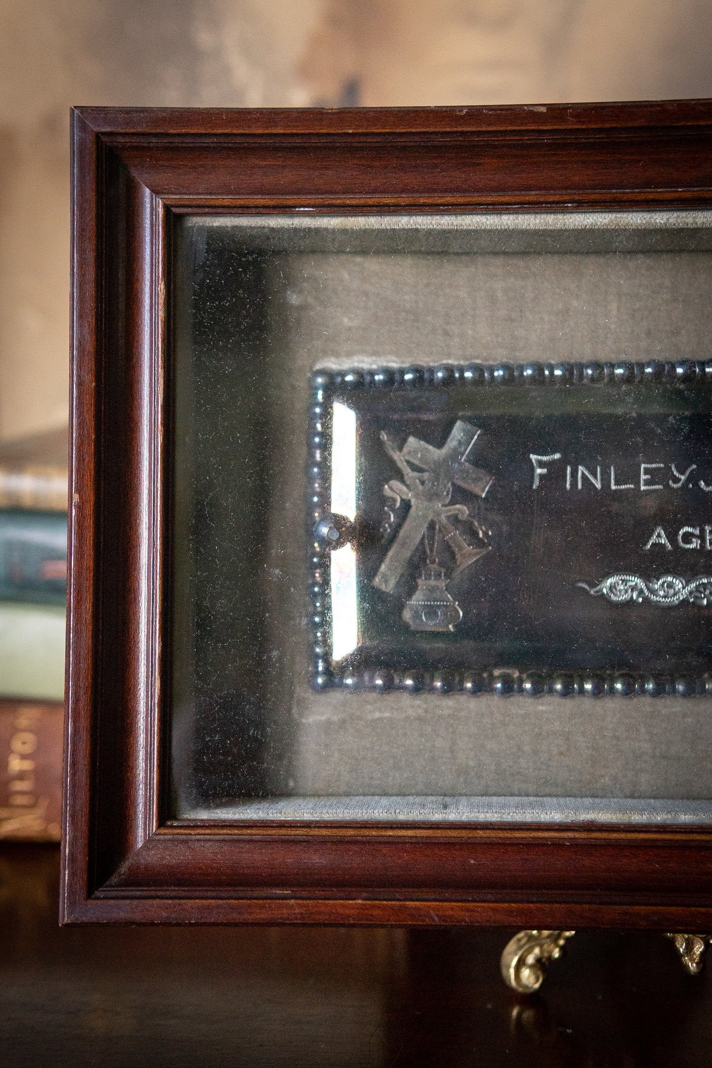 Victorian antique coffin plaque in shadow box