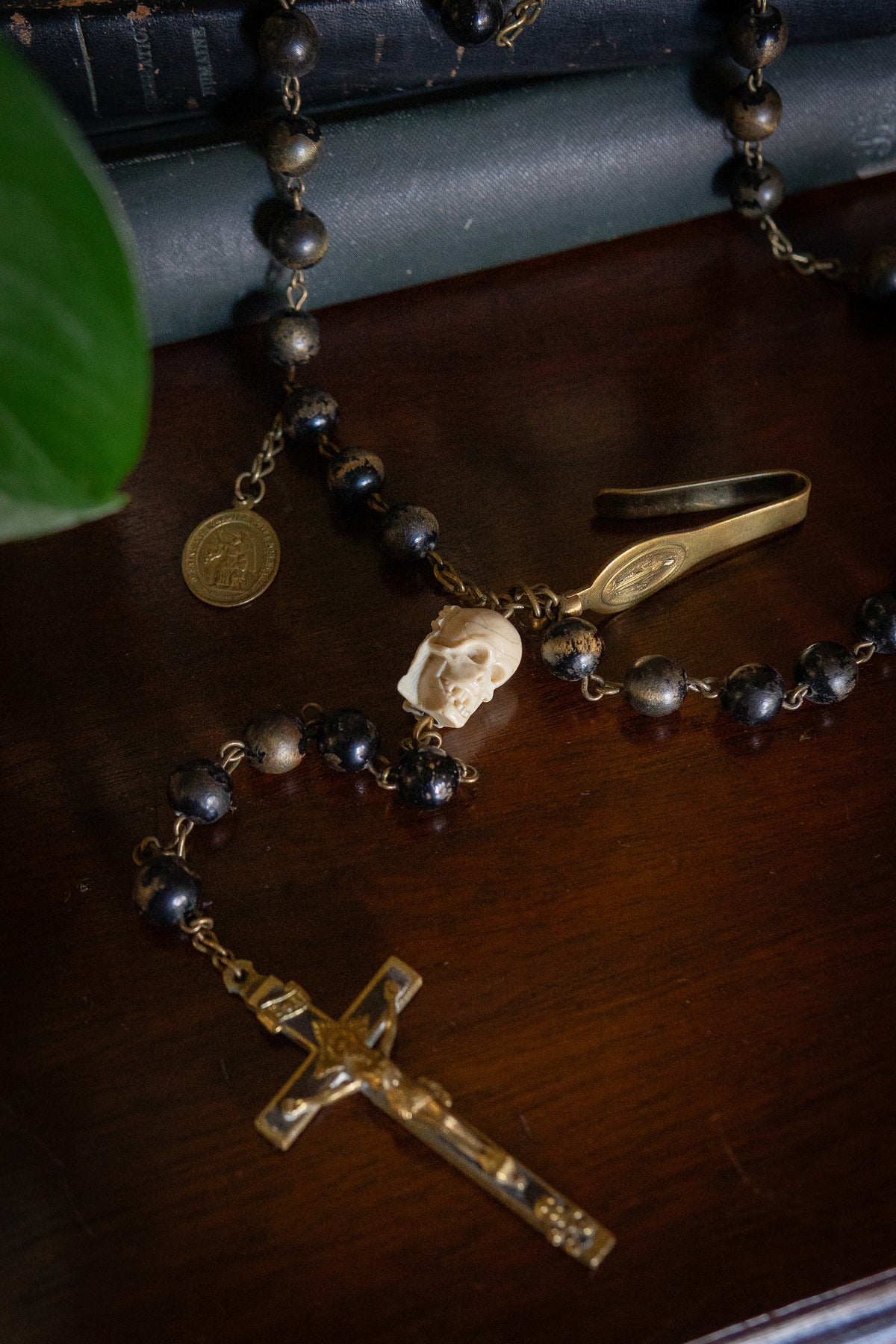 Antique memento mori black wodden beads and skull Rosary